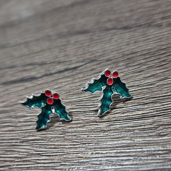 Classic Holly Berry Christmas | Green and Red Enamel Silver Tone  Stud Earrings - Picture 1 of 6
